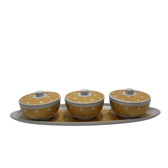 Yellow & White Polka Dot Condiment Set With 3 Lidded Bowls & Tray - Picture 3 of 11